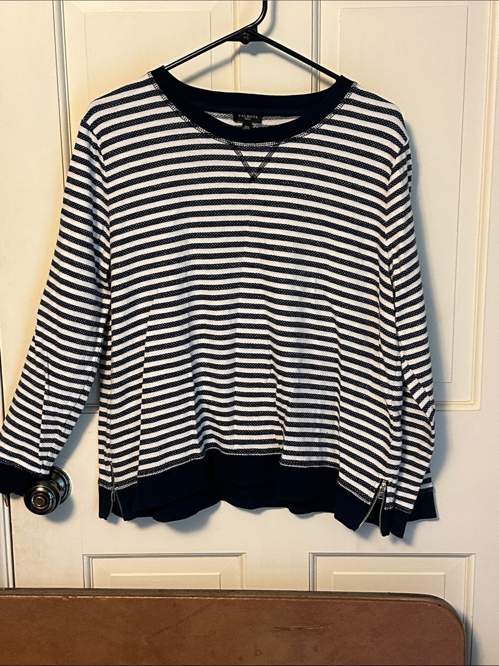 Talbots Navy and White Striped Crewneck Sweatshirt with Hem Zippers